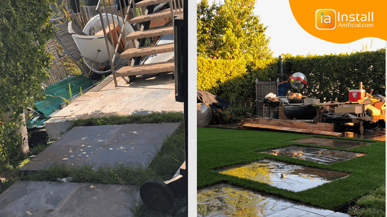 Before and After Turf Installation Between Pavers