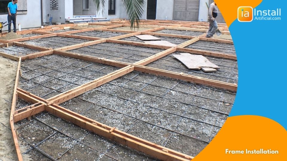 frame installation for nail-free rooftop artificial grass installation project