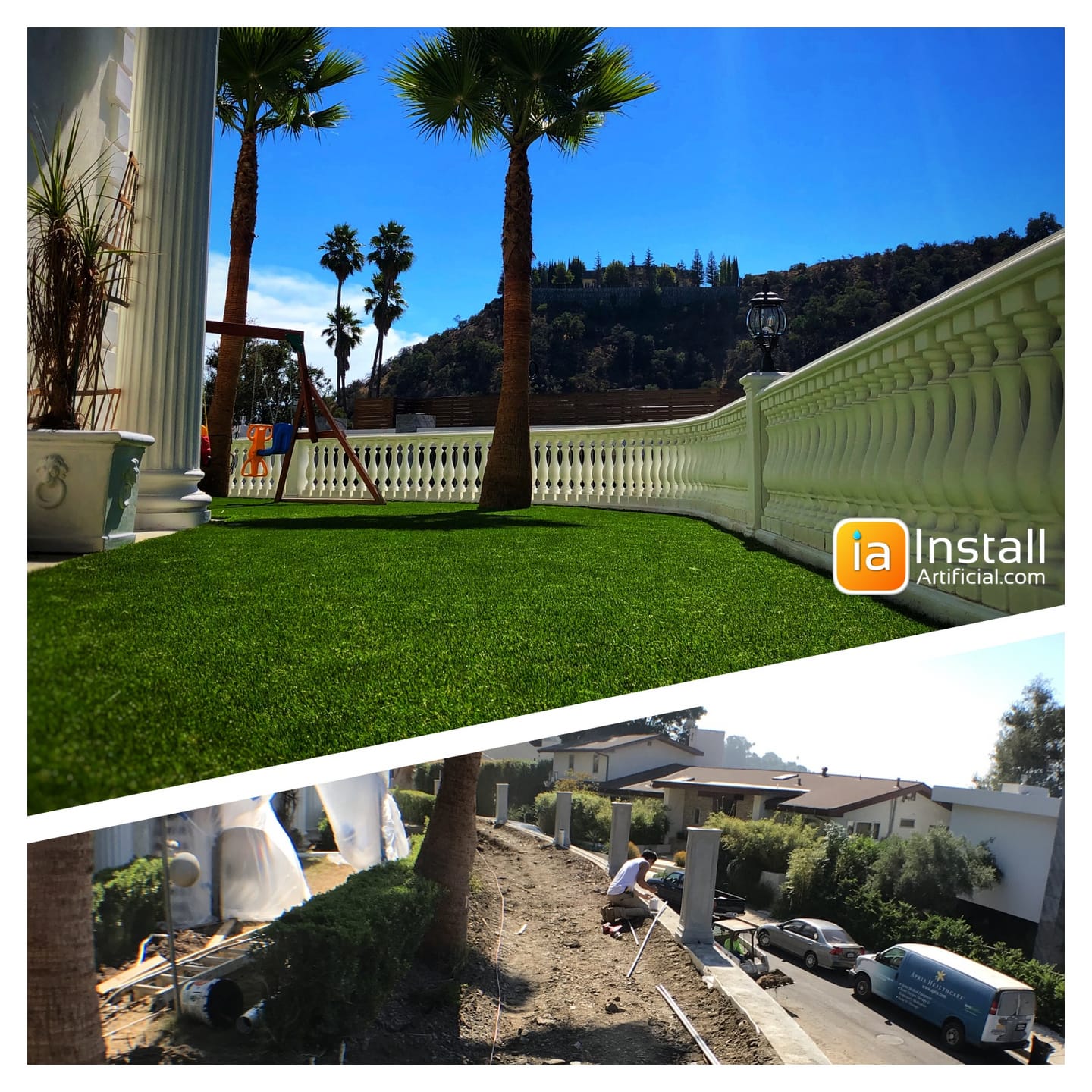 front yard renovation with artificial grass and retaining wall