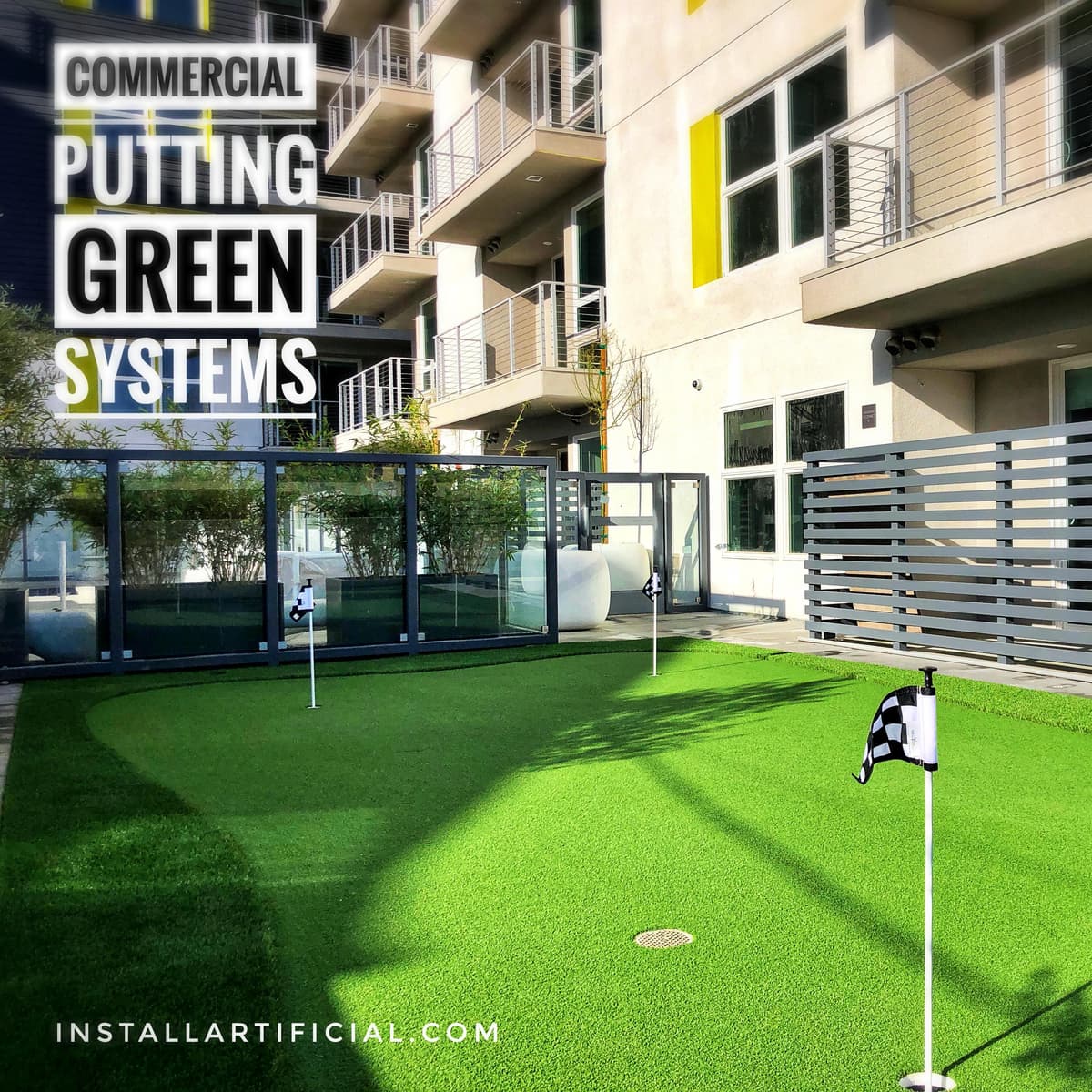 Putting green installed over concrete surface at condominium